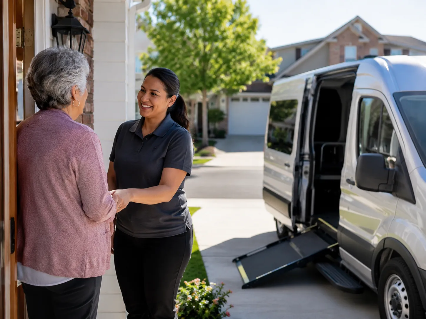 Warm greeting outside a suburban home, reflecting approachable transportation care